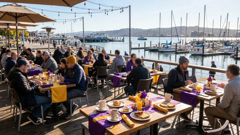 Waterfront cafe patio at Jack London Square in Oakland prepared for a morning basketball watch gathering