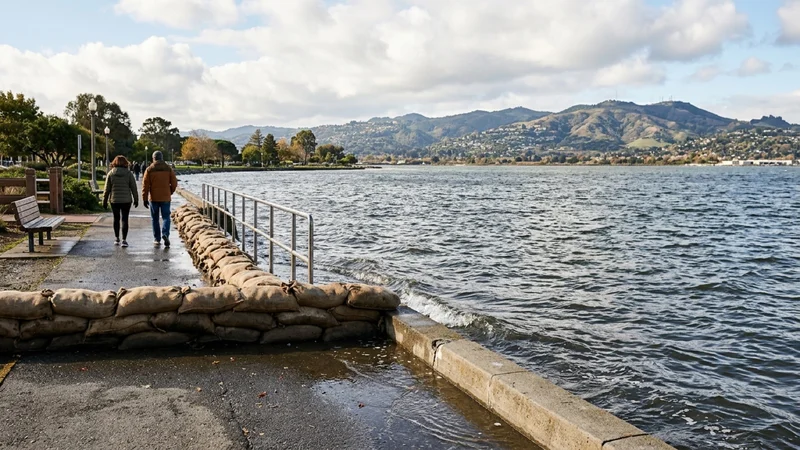 High-tide waters along an Alameda shoreline walkway with municipal sandbags and the East Bay hills in the distance