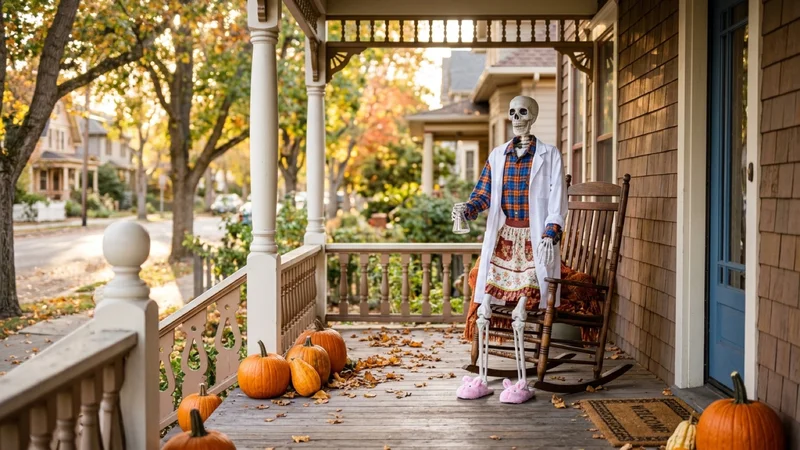 Whimsical Halloween plastic skeleton dressed in a flannel shirt, apron, scientist lab coat, and fuzzy pink slippers on an autumn porch in Alameda, California