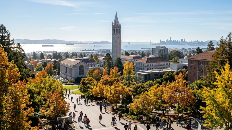 UC Berkeley campus with Sather Tower and student residence halls overlooking the San Francisco Bay