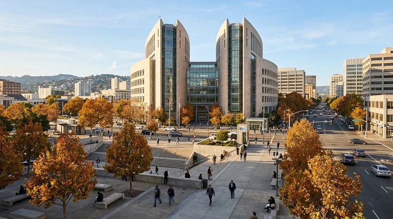 Ronald V. Dellums Federal Building and U.S. Courthouse plaza in downtown Oakland in morning sunlight