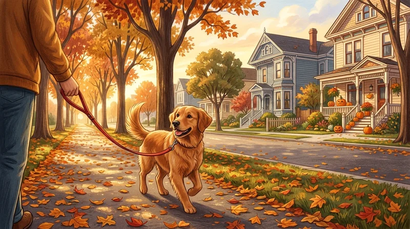 Friendly young dog walking on a leafy Alameda path beside Victorian homes with pumpkins