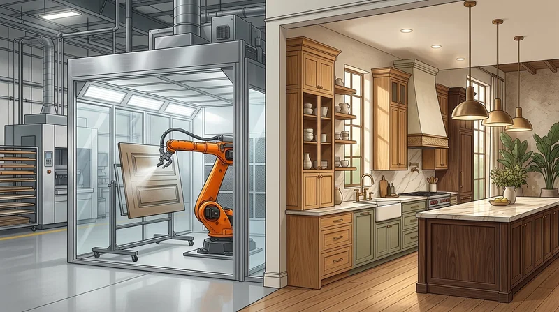 Robotic spray-painting arm inside a California industrial finishing booth alongside a cabinet showroom