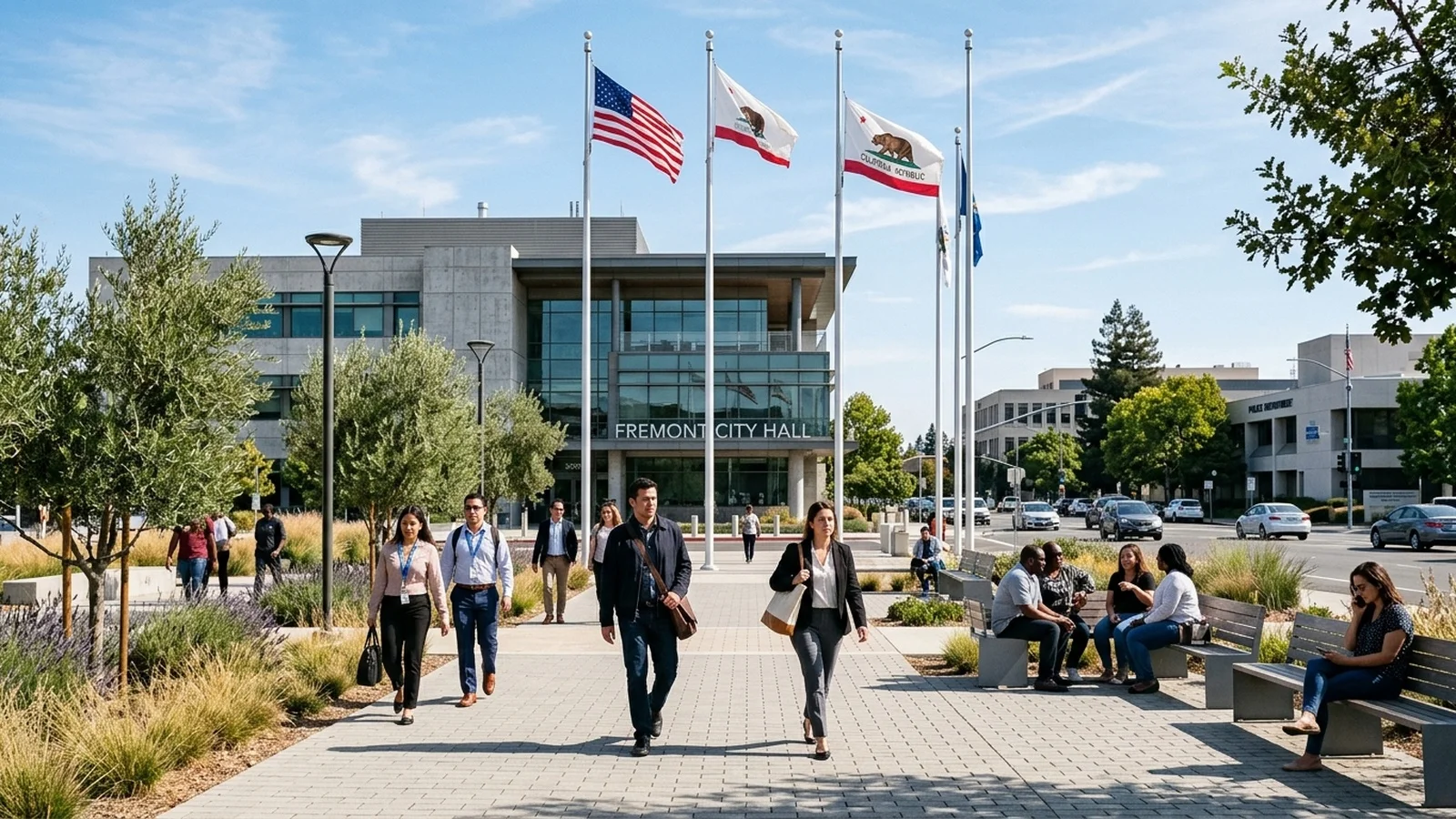 Downtown Fremont civic center plaza where city leaders celebrated National Manufacturing Week and over 900 advanced hardware facilities