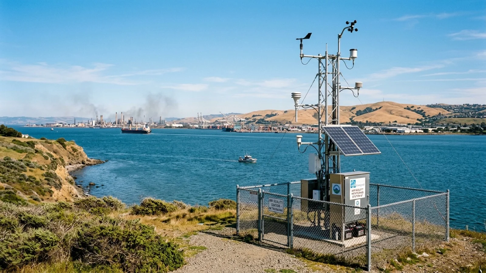 Solar-powered air quality monitoring station overlooking industrial waterways in Contra Costa County
