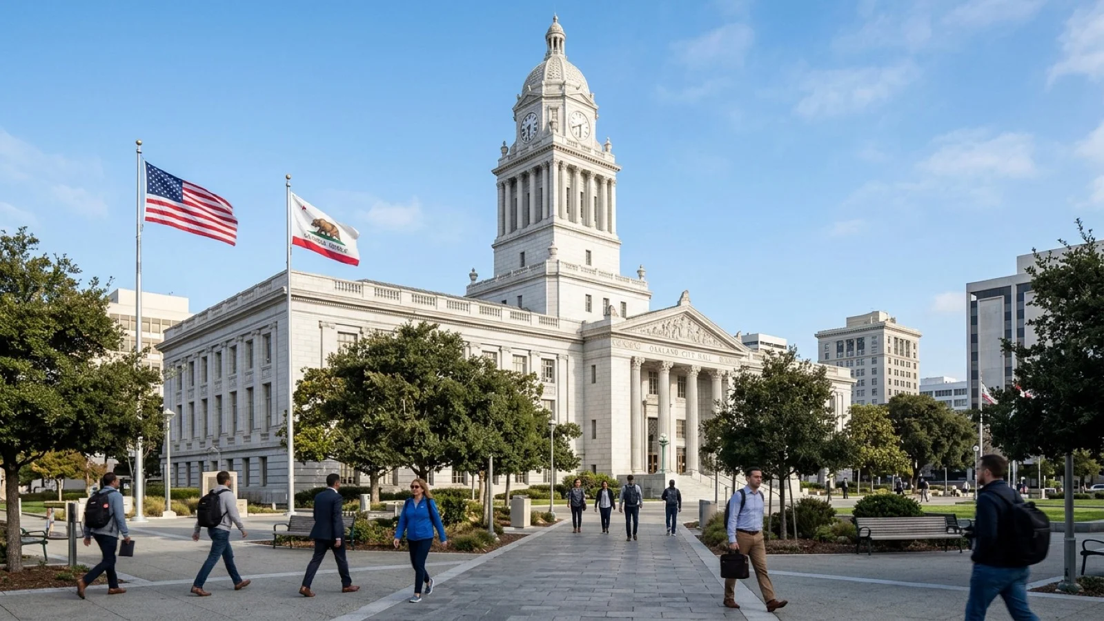 Oakland City Hall in Frank H. Ogawa Plaza where municipal leaders announced state small business recovery grants