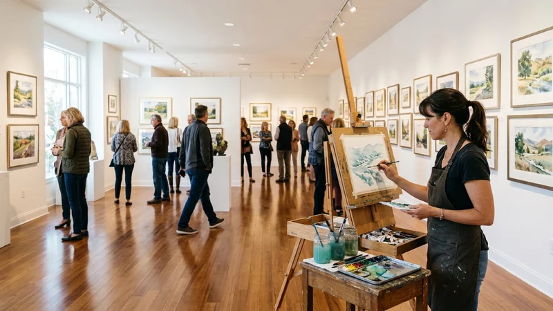 Bright fine art gallery in Danville with framed watercolor paintings on white walls and an artist painting at a wooden easel