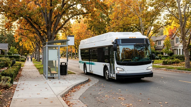 Clean modern municipal transit bus at a tree-lined suburban bus stop in Danville California under golden autumn oak trees
