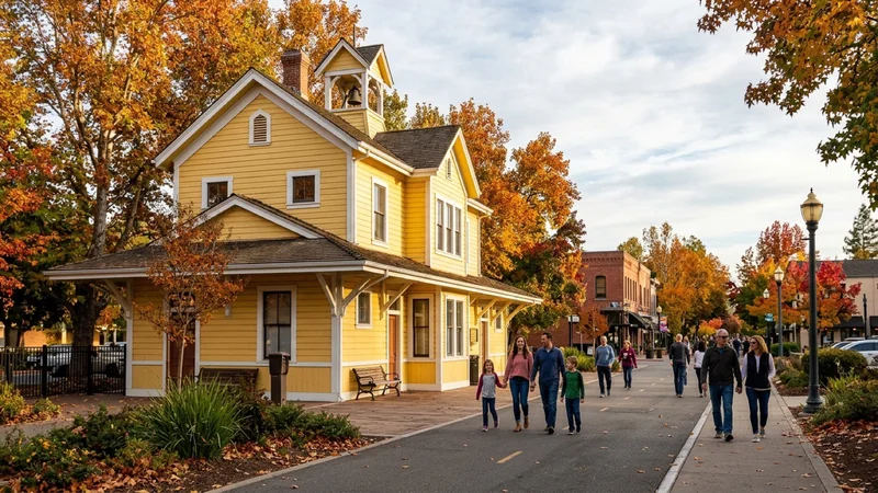 Historic yellow wooden Southern Pacific Railroad Depot museum building in downtown Danville California surrounded by autumn trees and Iron Horse Trail walkers