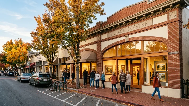 Historic Village Theatre and Art Gallery on Front Street in downtown Danville California with visitors viewing paintings and golden autumn trees