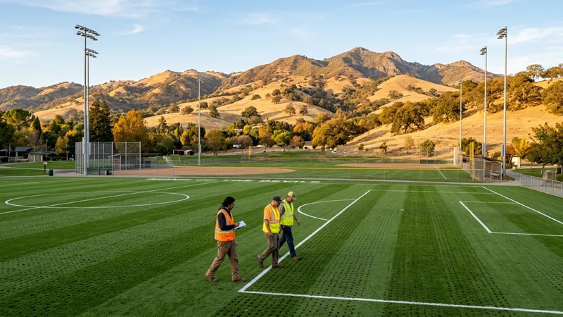 Municipal park maintenance staff inspecting green athletic fields and LED light poles at Sycamore Valley Park in Danville California with golden hills