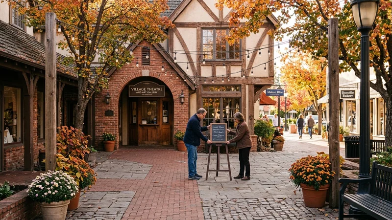 Exterior courtyard of the Village Theatre and Art Gallery on Front Street in downtown Danville during autumn morning