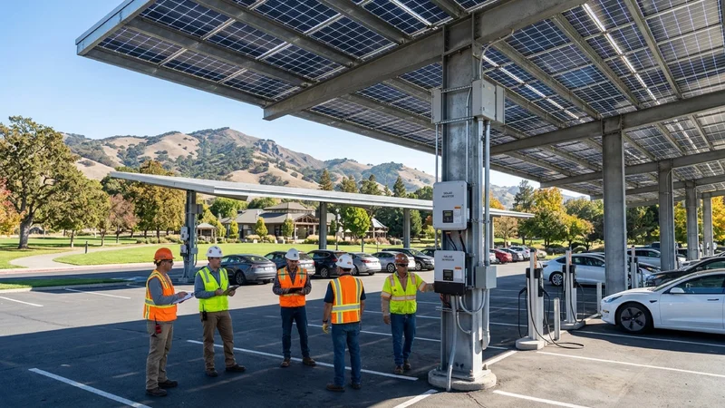 Public works electrical engineers inspecting a newly installed solar photovoltaic canopy over the parking lot at Oak Hill Park in Danville