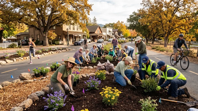 Volunteer naturalists and Town of Danville landscape crews planting purple California lilac and golden yarrow along the Iron Horse Regional Trail in Danville
