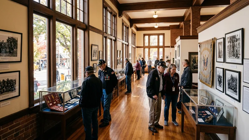 Community historians and visitors viewing framed archival black-and-white photographs and brass service medals inside the Veterans Memorial Building in Danville
