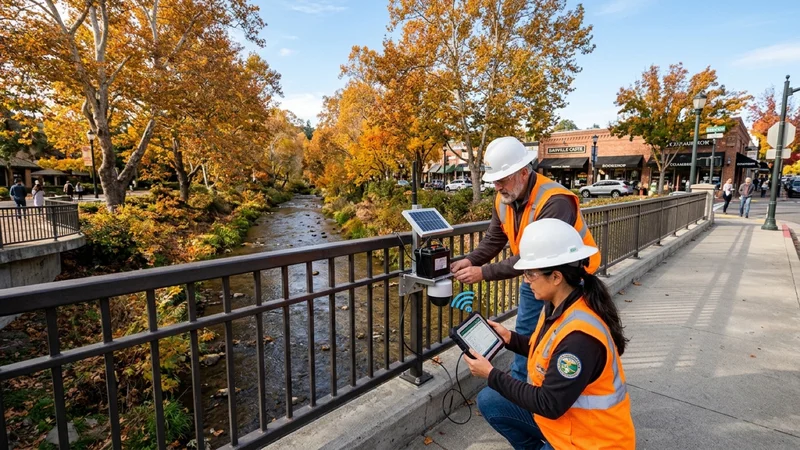 Hydrologists and Town of Danville public works engineers calibrating a solar-powered ultrasonic flood-warning radar sensor on the Hartz Avenue bridge
