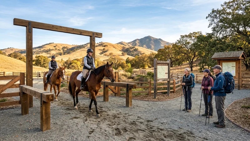 Equestrians on horseback and hikers crossing a newly resurfaced timber-and-gravel trail staging entrance at Sycamore Valley Open Space in Danville