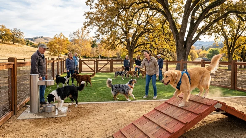 Dog owners and dogs enjoying new cedar agility equipment and fresh all-weather surfacing shaded by oak trees at Hap Magee Ranch Park in Danville