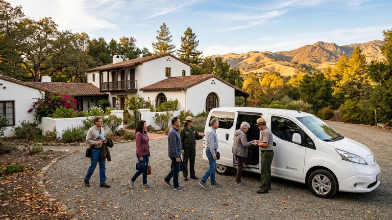 Visitors boarding a white battery-electric shuttle minibus parked beside the historic adobe courtyard wall and red-tile roof of Tao House in Danville