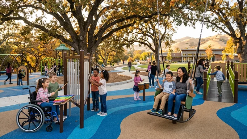 Children and parents exploring outdoor stainless-steel sensory chimes and a wheelchair-accessible glider swing on blue-and-tan rubber surfacing at Oak Hill Park in Danville