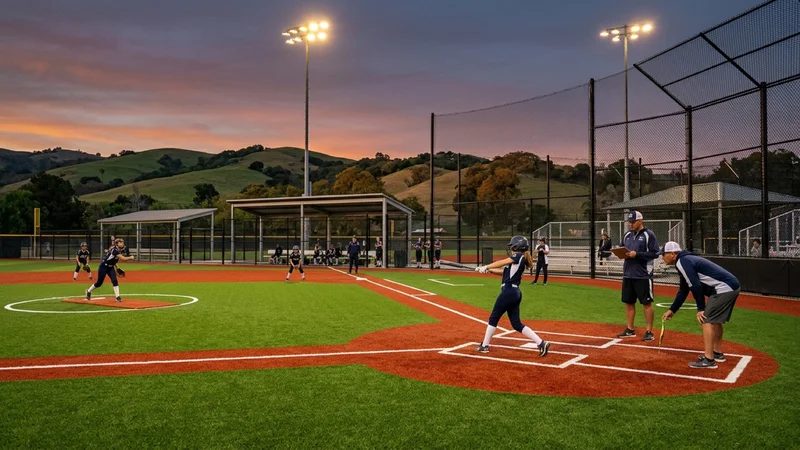 Youth softball players and coaches testing a newly installed terracotta-and-green permeable synthetic-turf softball infield and shaded dugout at Sycamore Valley Park in Danville