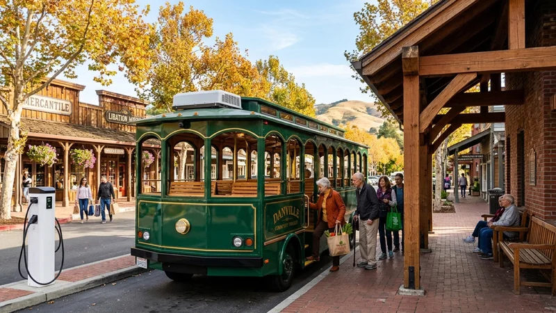 Danville residents boarding a vintage-styled forest-green-and-brass zero-emission battery-electric community trolley beneath a brick-and-timber pavilion at the Danville Livery