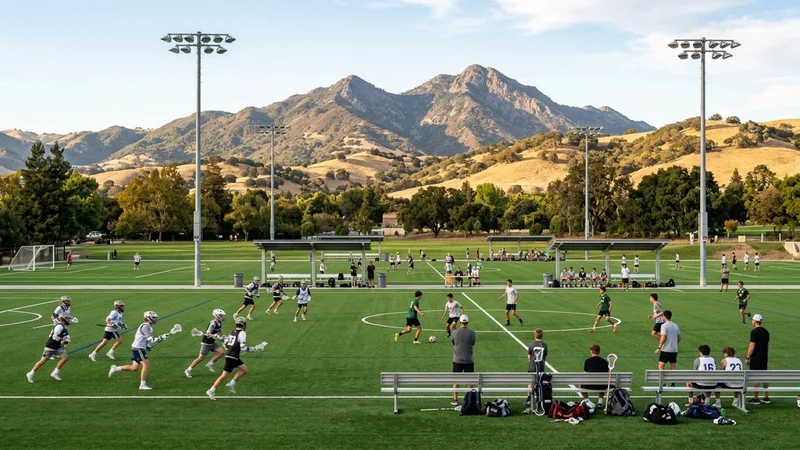 Youth lacrosse and soccer players practicing on an emerald-green permeable synthetic-turf athletic field beneath shielded LED sports floodlights at Diablo Vista Park in Danville