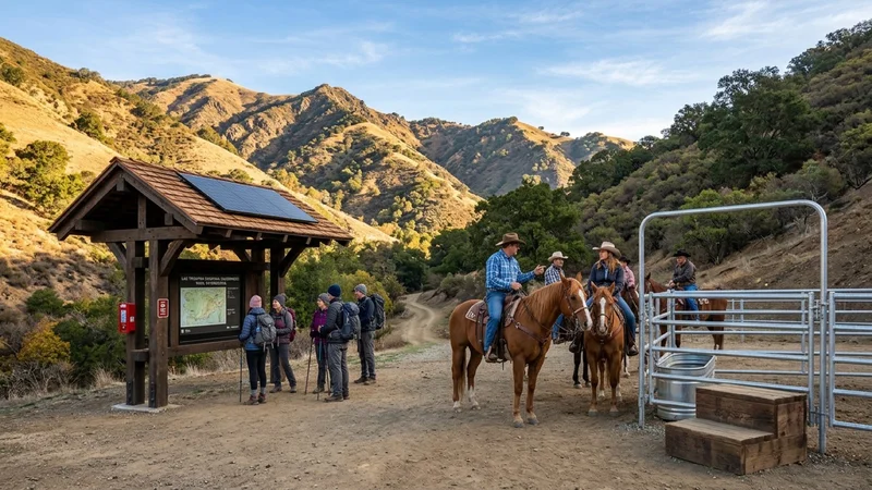 Trail riders with horses and hikers gathered beside a timber-roofed solar trailhead map kiosk and steel pipe equestrian staging corral in Las Trampas Regional Wilderness near Danville