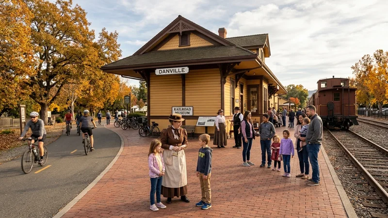 Families and historical docents gathered on a brick train platform beneath a yellow-and-brown Victorian wooden depot roof overhang at the restored 1891 Southern Pacific Depot in Danville