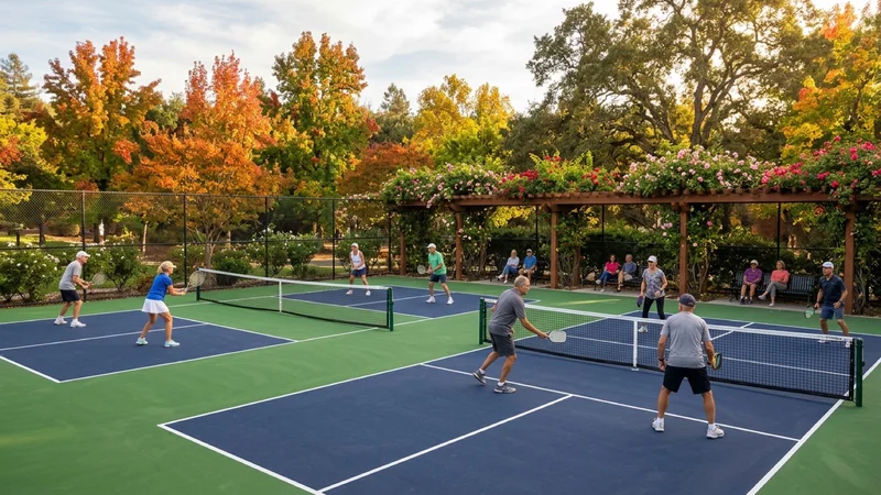 Residents playing tennis and pickleball on newly resurfaced blue-and-green cushioned courts bordered by a redwood shade arbor and blooming rose bushes at Osage Station Park in Danville
