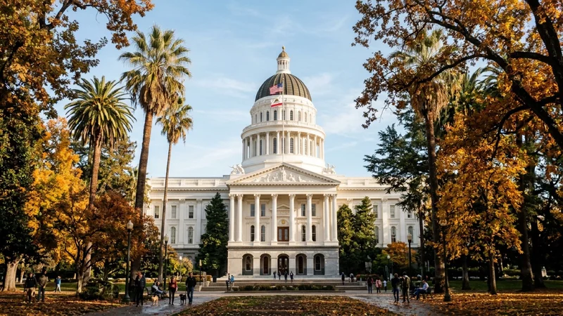 White neoclassical dome of the California State Capitol in Sacramento framed by autumn trees