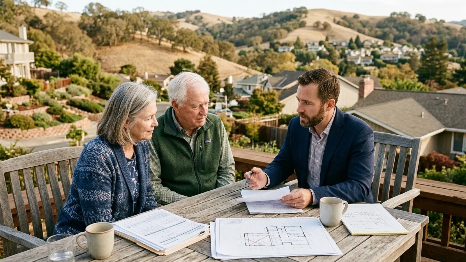 California homeowners reviewing insurance claim documents and rebuilding plans with an advisor