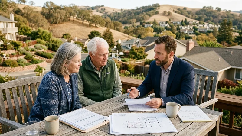 California homeowners reviewing insurance claim documents and rebuilding plans with an advisor