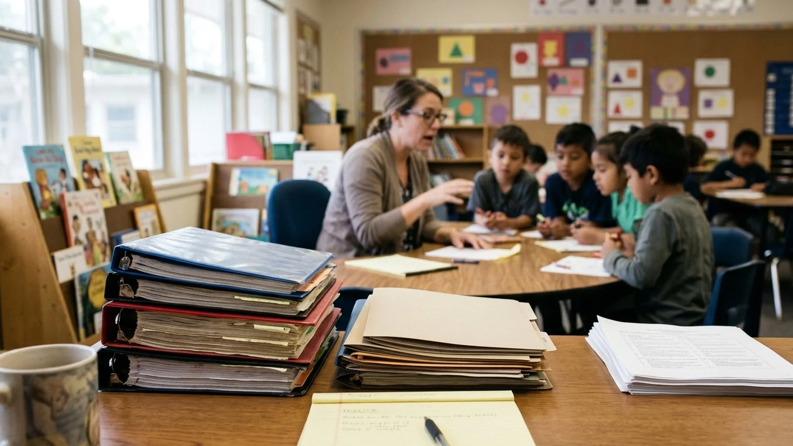 California elementary school teacher working with students while thick administrative report binders sit stacked on a nearby desk