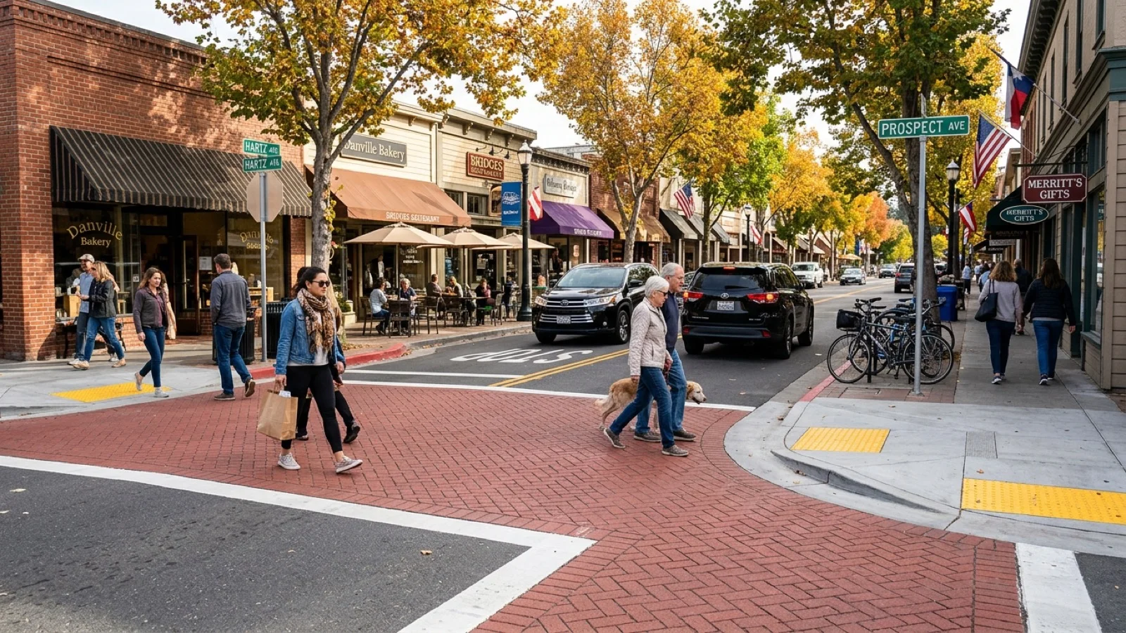 Pedestrians crossing decorative brick crosswalk at newly installed curb extension on Hartz Avenue in downtown Danville