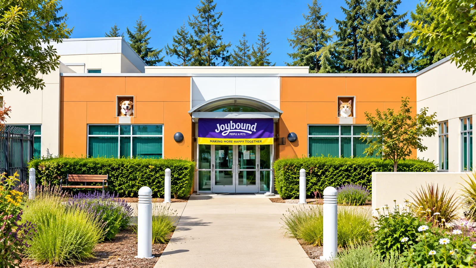 The main visitor entrance and adoption center at Joybound People & Pets on Mitchell Drive in Walnut Creek