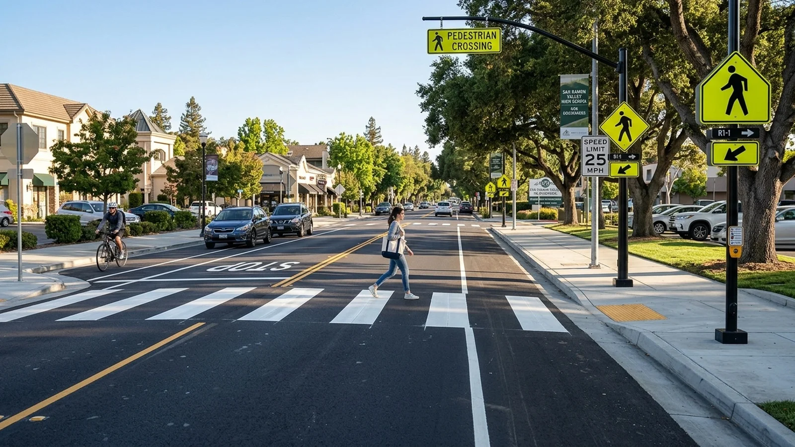 Pedestrian crosswalk and downtown retail corridor along Hartz Avenue in Danville where flashing safety beacons are installed