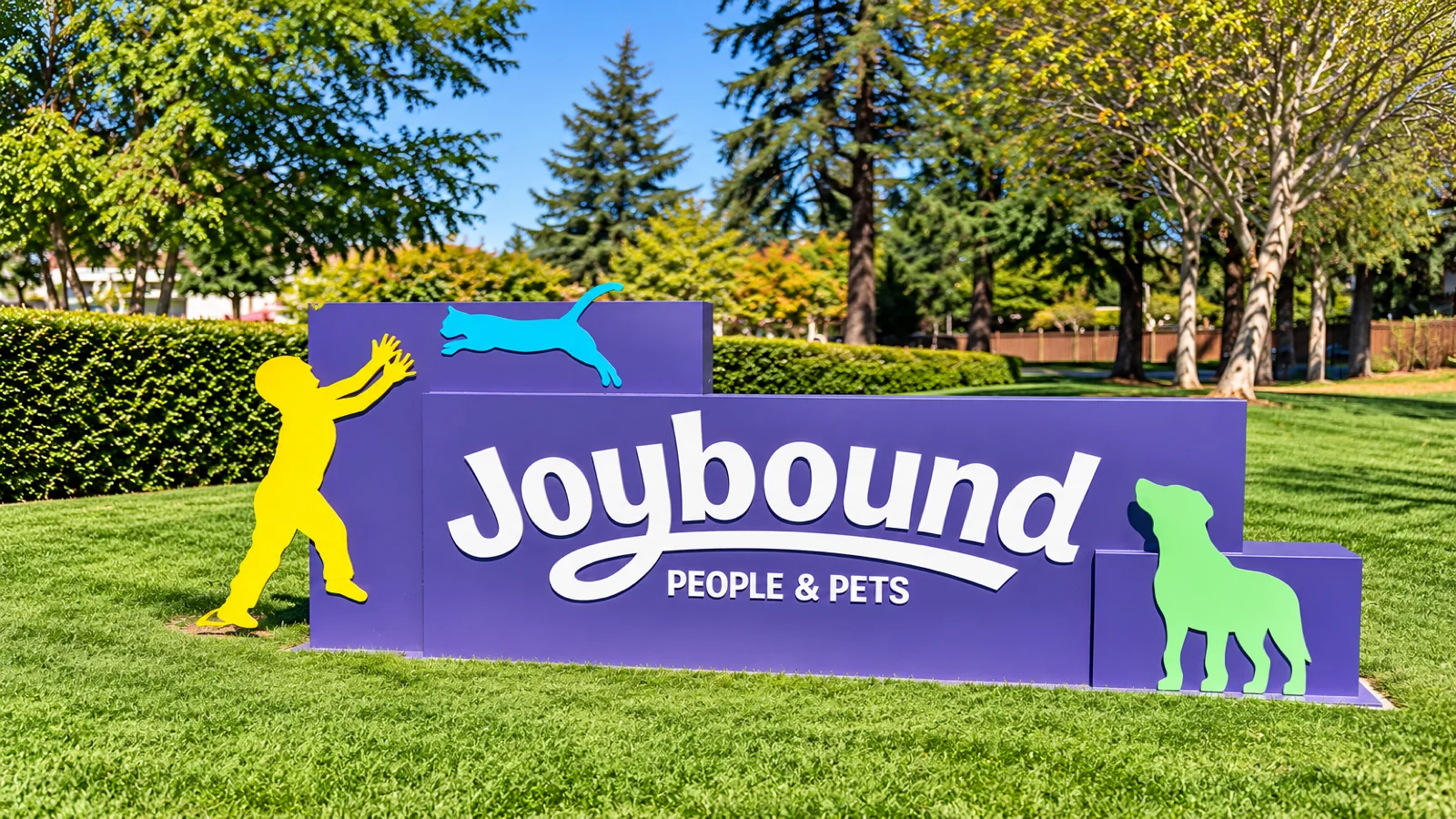 The Joybound People & Pets campus monument sign welcoming visitors to the Mitchell Drive animal welfare facilities in Walnut Creek