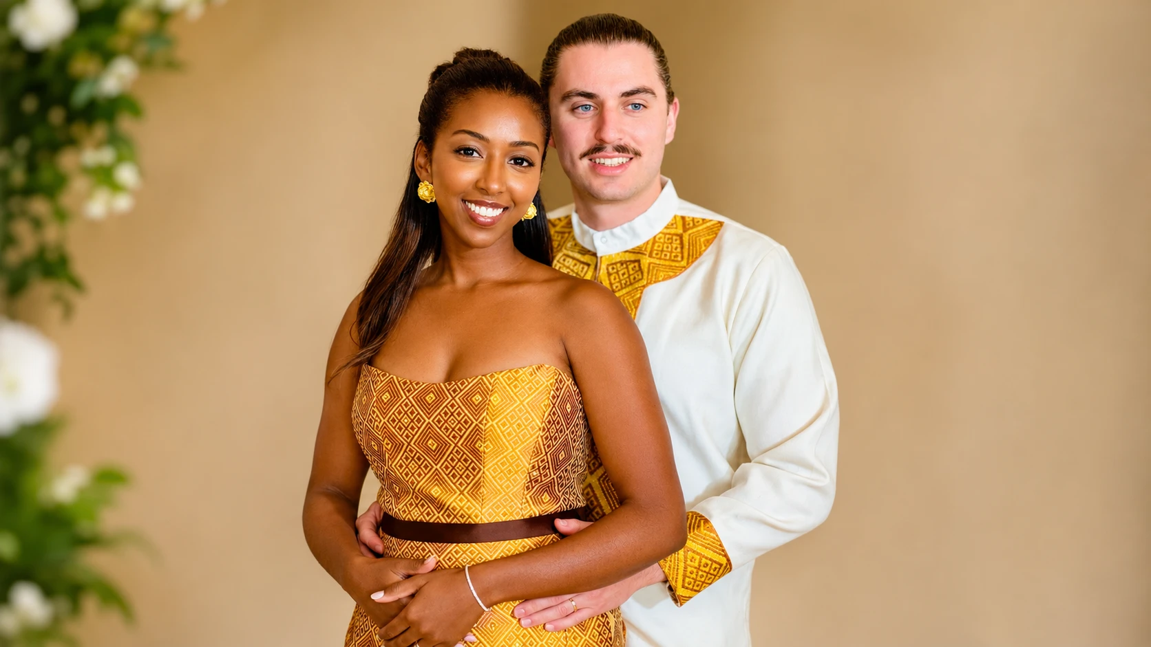 Mekaleya Tilahun and Raumin Neuville wearing traditional Ethiopian ceremonial attire during their wedding celebration in San Ramon on October 11, 2026