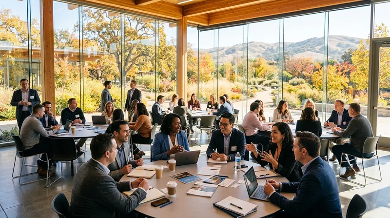 Business professionals and veteran entrepreneurs conversing at resource tables inside a sunlit California conference center courtyard surrounded by autumn trees in San Ramon