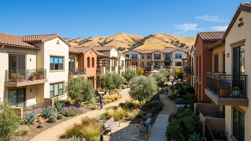 Sunlit California Mediterranean multifamily courtyard housing complex in San Ramon with olive trees and hills in the background