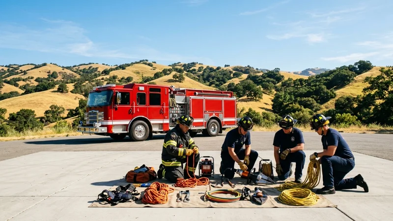Firefighters inspecting emergency storm and seismic response equipment beside a red fire engine in San Ramon with golden hills behind them