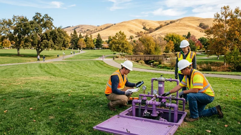Municipal water utility engineers in safety vests inspecting a purple recycled water valve box beside a green park and autumn hills in San Ramon California