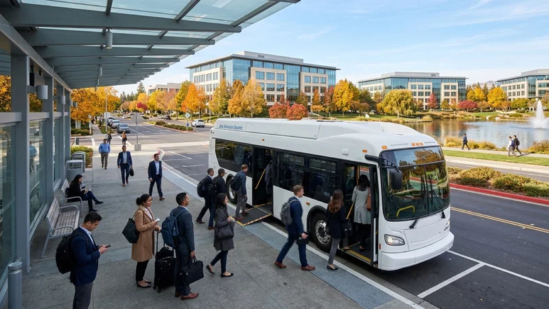 Electric commuter shuttle bus boarding passengers at a glass-canopied transit stop along Camino Ramon in San Ramon