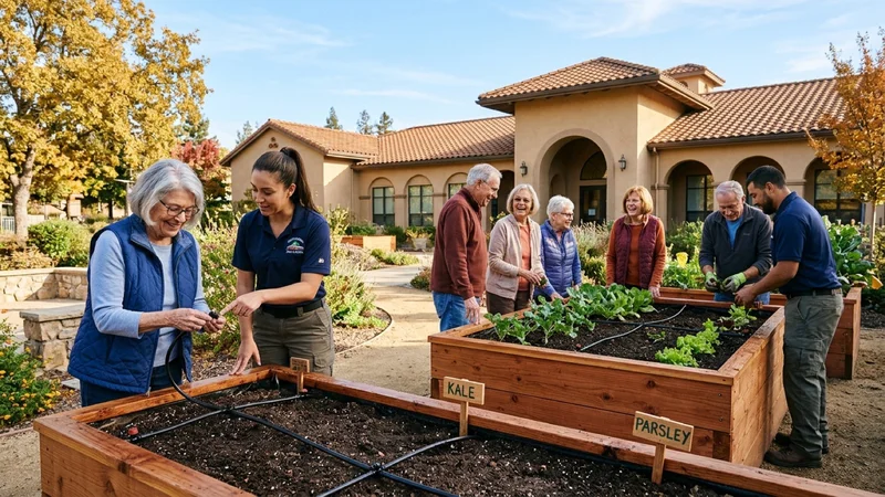 Seniors and municipal parks staff inspecting newly built raised cedar garden beds and drip irrigation lines at the Alcosta Senior and Community Center in San Ramon