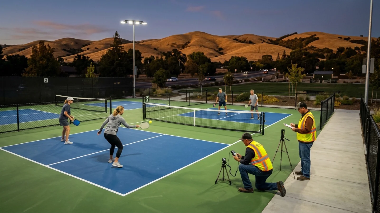 San Ramon parks staff and local recreational players testing newly installed directional LED court lighting on the outdoor pickleball courts at Central Park