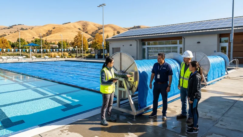 Aquatics staff and municipal energy engineers inspecting motorized insulated thermal pool covers beside the outdoor Olympic lap pool in San Ramon
