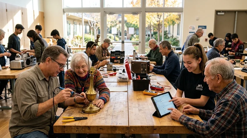 Volunteer technicians and youth volunteers helping older adults repair household appliances and configure tablets at Alcosta Senior and Community Center in San Ramon