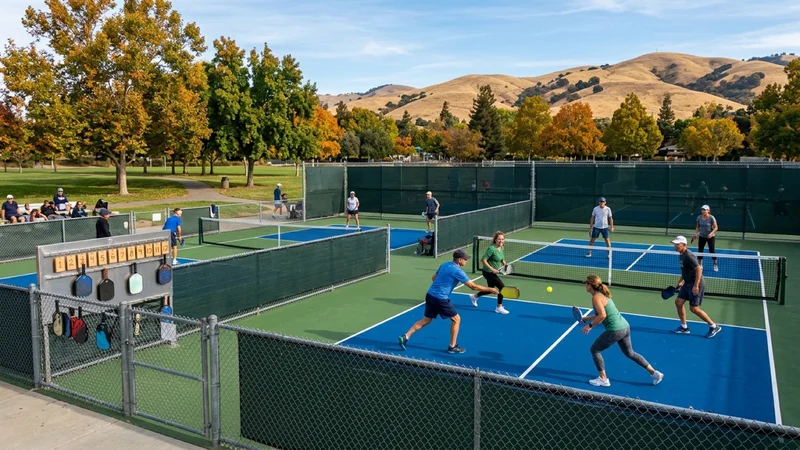 Pickleball players rallying on outdoor blue-and-green courts bordered by dark-green acoustic sound-baffle fencing at Central Park in San Ramon