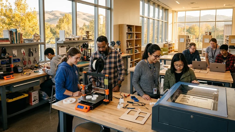 Librarians, students, and adult makers inspecting 3D-printed prototypes and a laser cutter inside a modern library makerspace at Dougherty Station Library in San Ramon